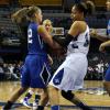 Racheal Mahan struggles with Ally Jensen for the ball.